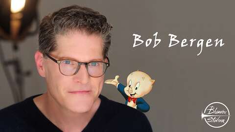 Grey background image of voice actor Bob Bergen with his character Porky Pig on his shoulder