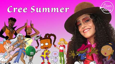 Pink background image of voice actor Cree Summer surrounded by popular characters