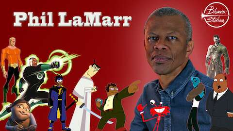 Banner image of voice actor Phil LaMarr with popular characters over red background