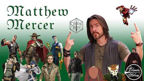 Green and white background image of voice actor Matthew Mercer with popular characters